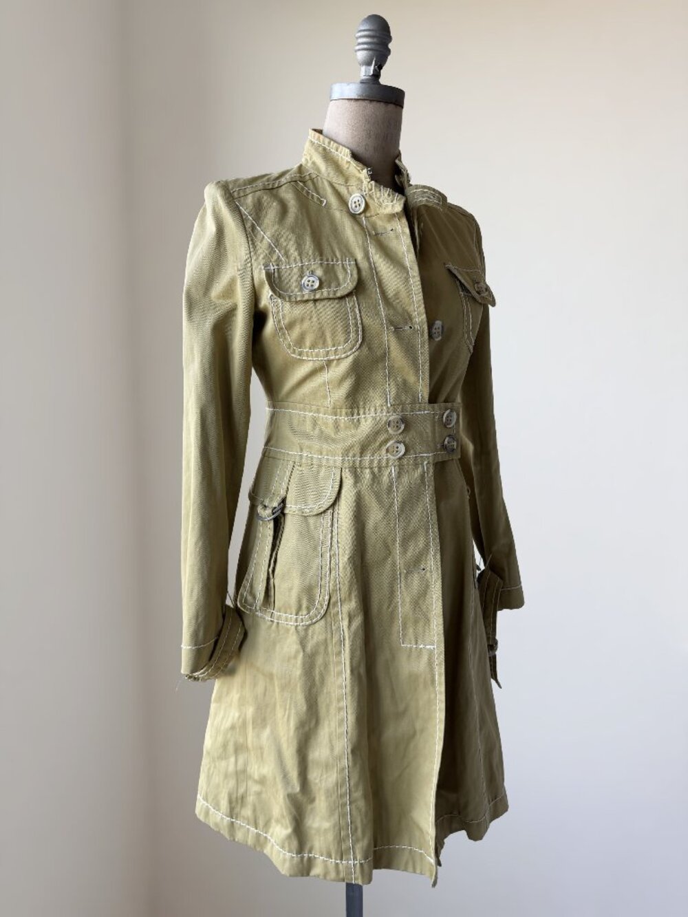 MAX&Co. Classics Khaki Belted Coat White Contrast Stitching Womens 2